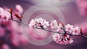 Blooming spring tree branch on a pink natural background. Copy space