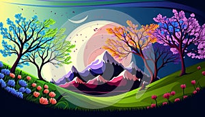 Blooming spring trees illustration. Spring landscape with colorful blooming trees and mountains