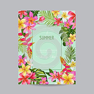 Blooming Summer Floral Frame, Poster, Banner. Tropical Flowers Card for Invitation, Greetings, Wedding, Baby Shower