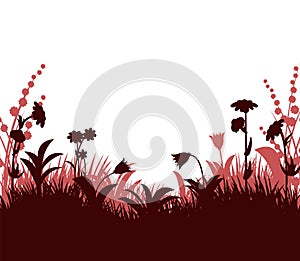 Blooming summer meadow. Dense grass and wildflowers. Rural landscape. Fun cartoon style. Isolated on white background