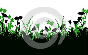 Blooming summer meadow. Dense grass and wildflowers. Rural landscape. Fun cartoon style. Isolated on white background