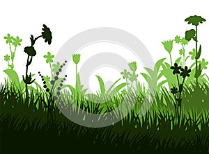 Blooming summer meadow. Dense grass and wildflowers. Rural landscape. Fun cartoon style. Isolated on white background