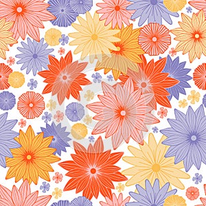 Blooming summer meadow seamless pattern. Plant background of pink, red, yellow and purple flowers. A lot of different flowers on