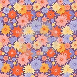 Blooming summer meadow seamless pattern. Plant background of pink, red, yellow and purple flowers. A lot of different flowers on