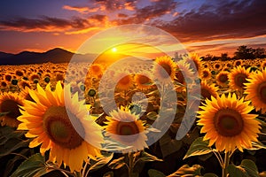 Blooming sunflower agricultural field against sunset. Generative AI