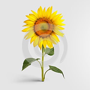 Blooming sunflower with yellow petals, standing on a green stem with leaves, isolated on a white background