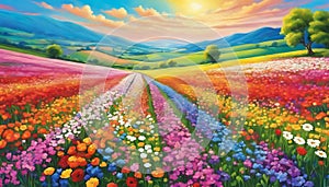 Blooming Symphony: Vibrant Flower Field in Full Bloom, Surrounded by Ethereal Clouds