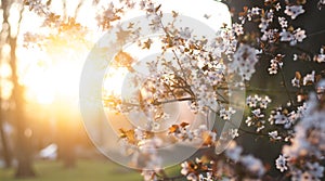 Blooming trees. Spring garden. Against the background of the sunset. Tender spring