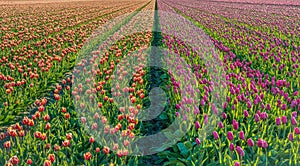 Blooming tulips in converging flower beds