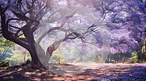 Blooming violet tree JacarÃ¡nda, bathing in the forest, Japanese relaxation practice