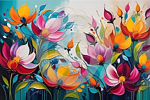 Blooming Whirlwind: Abstract Interpretation of Flowers in Full Bloom, Swirls of Vibrant Hues Portraying Petals Merging into