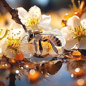 blooming white flowers ,bee and butterfly sitting on fruits, mandarin,olives,with drops of morning dew watercherry