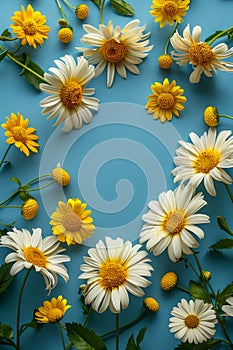 Blooming White and Yellow Daisy Flowers Scattered on a Bright Blue Background Spring Floral Design Concept