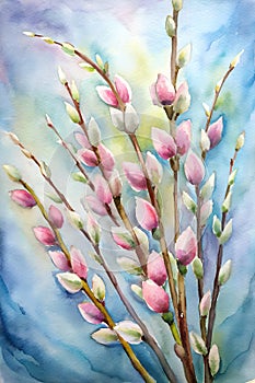 Blooming willow twigs. AI generated