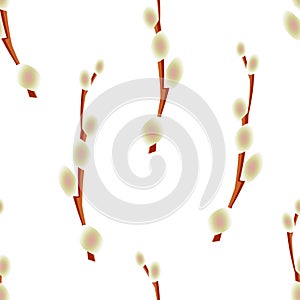 Blooming willow twigs on a white background form a seamless pattern for textiles and wrapping paper.