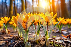 Blooming yellow crocus flowers in the spring forest