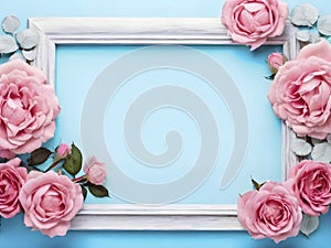Blooms of Love. Blank Canvas for Your Sentiments Amidst Pink Roses on Pastel Blue photo