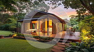 Blossom Bower Bungalow house and yard. Generative Ai