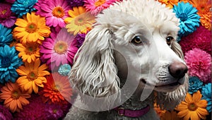 Blossom Buddy: Poodle\'s Joyful Stroll Through a Meadow of Beautiful Flowers