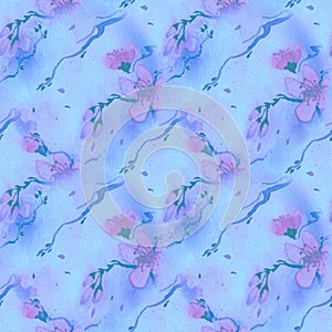 Blossom Cherry Art. Seamless Rose Painting. Blue