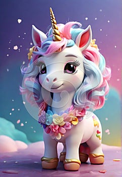 Blossom Cloudy Fantasy: Cartoon Kawaii Unicorn in Dreamy Landscape