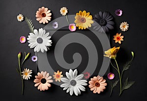 Blossom floral frame with empty space on black background for banner. Romantic flowers border for text. Generative AI