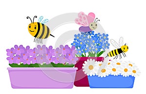 Blossom flowers in pots and cute cartoon insects - spring, summer vector floral illustration