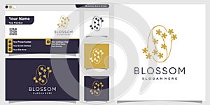 Blossom logo with simple flower line art style and business card design template Premium Vector