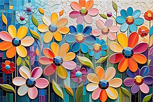 Blossom Mosaic: Abstract Painting with Swirls of Vibrant Flowers Dominating the Canvas, Background Comprised of a Mesmerizing