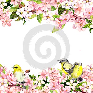 Blossom pink sakura flowers and song birds. Floral card or blank. Watercolor