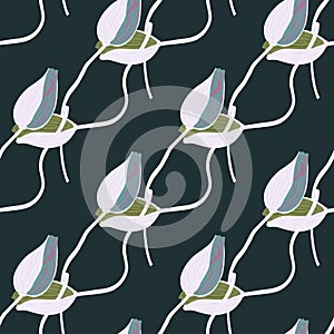 Blossom seamless pattern with blue colored poppy bud flower shapes. Dark navy blue background. Simple style