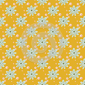 Blossom seamless pattern with blue flowers shapes ornament. Yellow bright background