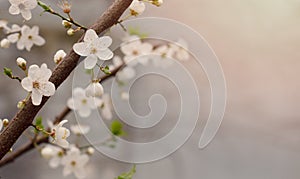 Blossom spring background. Beautiful floral springtime concept. White cherry tree flower on abstract blurred dawn sky background