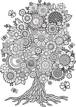 Blossom tree with floral elements vector. Coloring Book For Adult. Doodles For Meditation