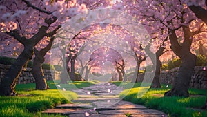 Magical Cherry Blossom Path at Sunset