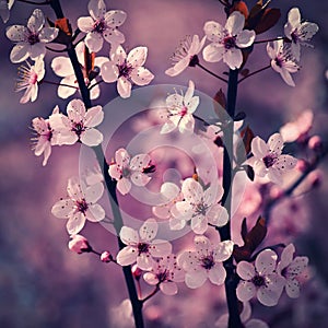 Blossom tree. Nature background. Sunny day. Spring flowers. Beautiful Orchard. Abstract blurred background. Springtime