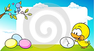 Blossom twig with singing bird and cute chicken on green grass frame - vector