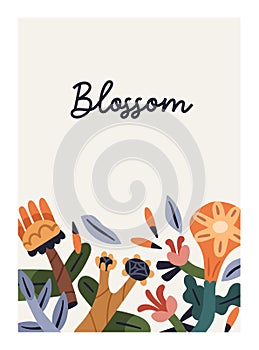 Blossomed flowers, whimsical botanical card background. Abstract creative fantastic floral plants in modern primitive