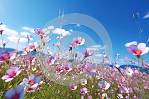 Blossoming Beauty Vibrant Spring Flowers in a Field Underneath a Clear Blue Sky with Soft Focus. created with Generative AI