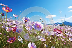 Blossoming Beauty Vibrant Spring Flowers in a Field Underneath a Clear Blue Sky with Soft Focus. created with Generative AI