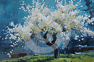 Blossoming Beauty: A Vibrant Spring Scene of White Trees, Blue S