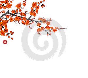 Blossoming branch of oriental sakura cherry on white background. Traditional oriental ink painting sumi-e, u-sin, go-hua