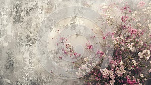 Blossoming branches against a textured vintage wall background., Generated AI