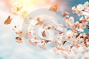 Blossoming cherry branches against blue sky, sun beams and flying butterflies. Spring background. Soft focus