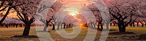 Blossoming Cherry Trees With A Softfocus Sunrise Banner Background. Generative AI