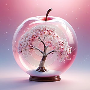 Blossoming Harmony: Apple-shaped Transparent Sphere with Flowering Twig