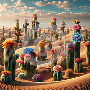 Blossoming Mirage: AI Crafted Desert Scene with Flowering Cactus