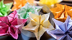 Blossoming Origami Flowers on Parchment Paper - Artistic Floral Craft Photography for Creative Projects.