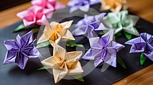 Blossoming Origami Flowers on Parchment Paper - Artistic Floral Craft Photography for Creative Projects.