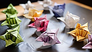 Blossoming Origami Flowers on Parchment Paper - Artistic Floral Craft Photography for Creative Projects.